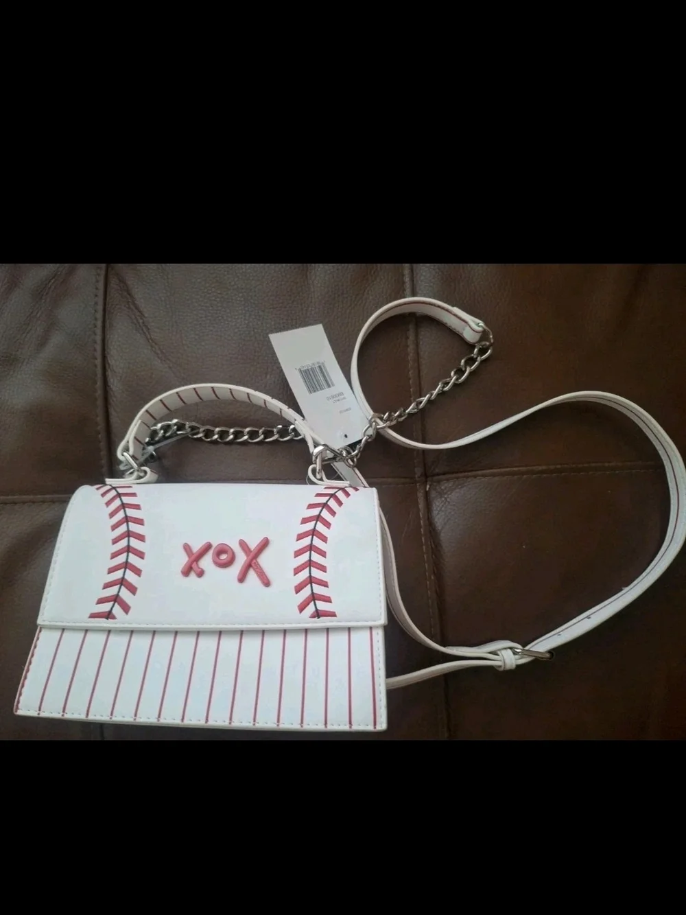 NWT Betsey Johnson Baseball Crossbody Bag White Red XOX Stitch Satchel Purse